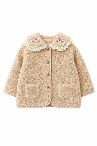 NOBLEKIDS Baby Girl and Child Lapel Detailed Plush Coat Ecru