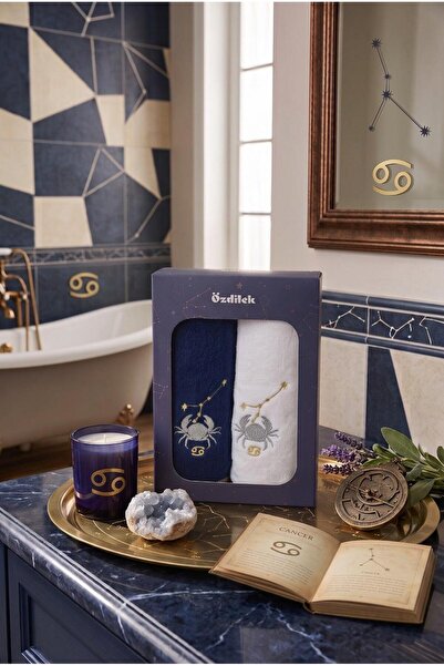 Özdilek Hand and Face Towel Set of 2 in Box with Crab Zodiac Embroidery 50X90