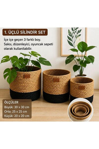 SHLM TEKSTİL 3'lü Silindir Saksılık Düzenleyici Oyuncak Sepeti Set 28x28 23x2...