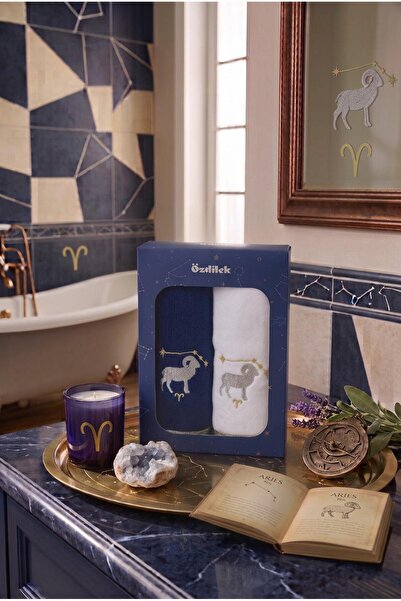 Özdilek Hand and Face Towel Set of 2 Boxed Aries Zodiac Sign Embroidered 50X90