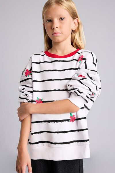 DeFacto Relax Fit Striped Floral Crew Neck Long Sleeve Sweatshirt Girls I4151...