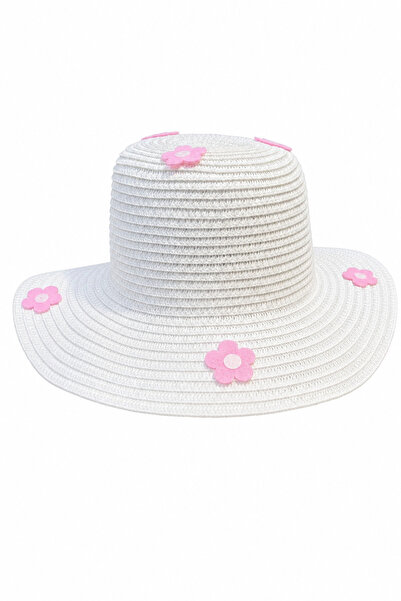 Jack Ferrero White Straw Beach and Sun Hat with Pink Flower Detail for Kids