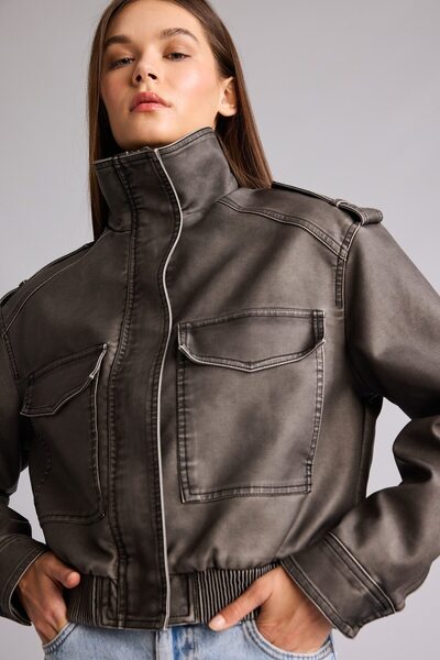 DeFacto Water Repellent Stand Collar Pocketed Taffeta Faux Leather Short Coat...