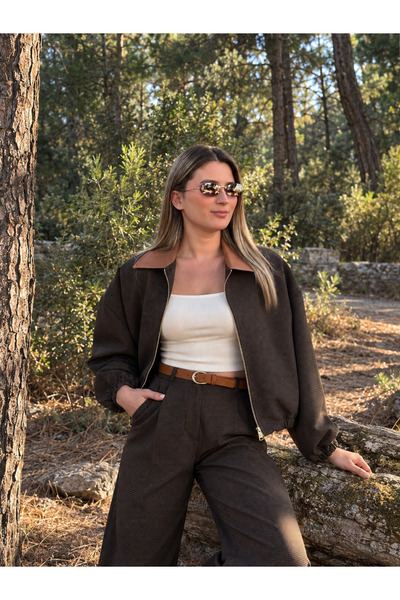 AlisBoutique Kahve Ekose Bomber Ceketli Pantolon Takım