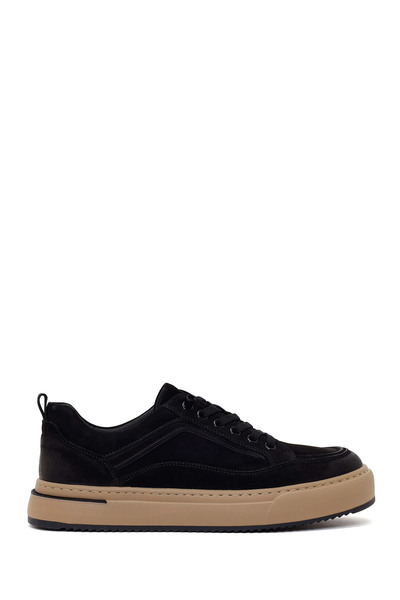 Derimod Men's Black Lace-Up Thick-Soled Nubuck Leather Sneaker Wm680045Dn