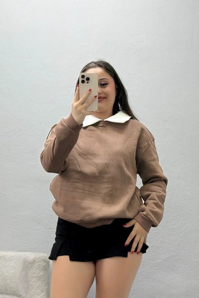 BELENDİR Women's Shirt Collar 3 Thread Sweat Brown