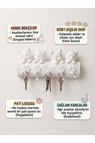 STRAWLİN MAISON Sevimli Kedi Figürlü Beyaz Duvar Anahtarlığı – Pati Detaylı A...