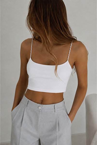 RUNE Taş Detaylı Beyaz Crop Top İnce Askılı Kadın Bluz