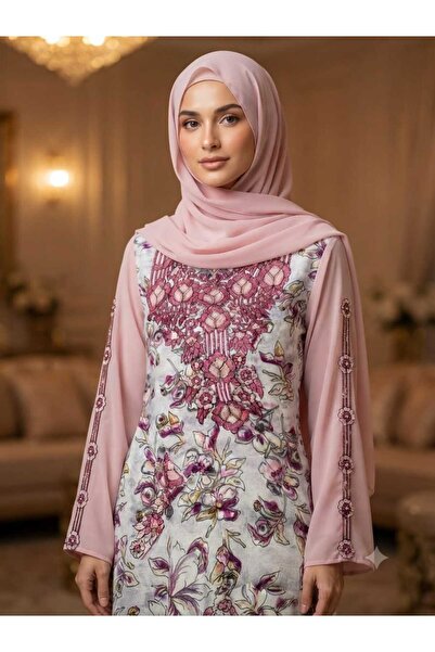 Rawnaq Althawq قماش مخور اماراتي حرير ناعم مع طرحه وتطريز ثقيل في الصدر والأكمام