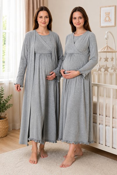 Effortt 4045 Gray Hidden Breastfeeding Maternity Nightgown Set with Dressing ...