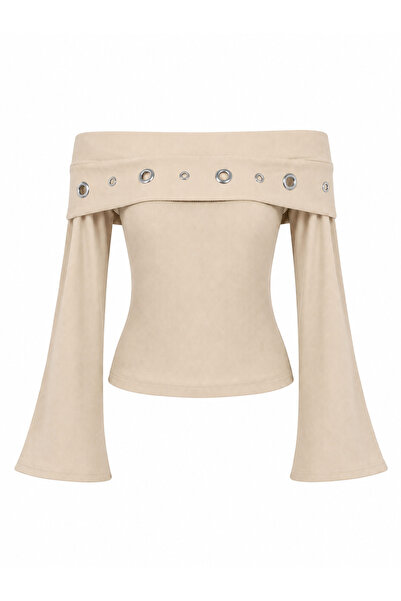 peri tower Women's Metal Eyelet Detailed Boat Neck Spanish Sleeve Blouse 00227