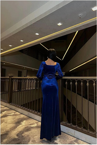 Veraura Lifestyle Women's designer velvet square neck evening gown with stone...