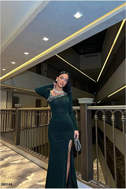 Veraura Lifestyle Women's modern style v-neck slit long sleeve evening dress