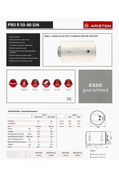 Ariston Electric Water Heater 50 Litter Horizontal Pro-R Italy