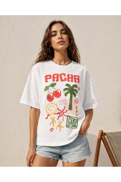 fingerjewerly Pacha Cherry Palm Retro Printed Oversize T-Shirt Unisex 80% Cotton Boxy Fit Streetwear T-Shirt Thick Textured