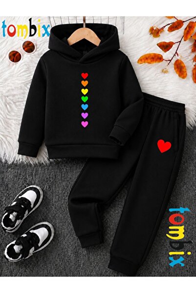 tombix 7Small Heart Printed Thick Winter Hooded Bottom/Top Children's Tracksu...