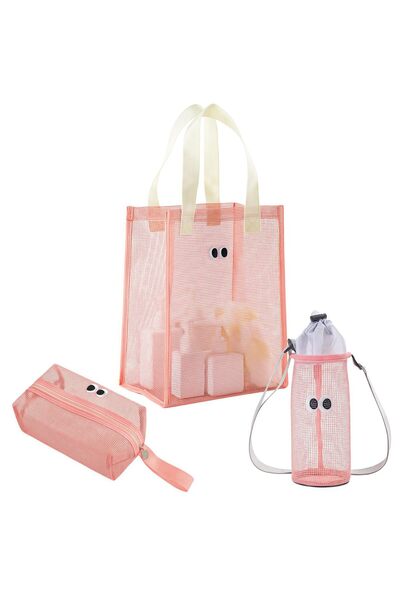 bag Mesh Swim 3-Piece Sports Set Gym Cosmetic Water Bottle Pocket – Pink