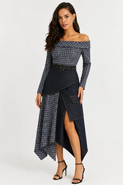 Cool & Sexy Plaid & Denim Asymmetrical Madonna Collar Belted Women's Dress