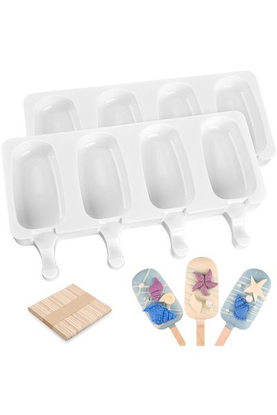 Generic Brand Set of 2 silicone ice cream molds, with 100 wooden sticks, white