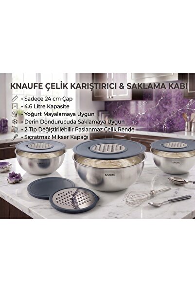 KNAUFE 24 cm MİKSER KARIŞTIRMA KABI RENDELİ SAKLAMA KABI 3LÜ SET TEK BOY