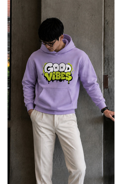 caddekombin Men's Good Vibes Graffiti Printed Hooded Kangaroo Pocket Regular ...