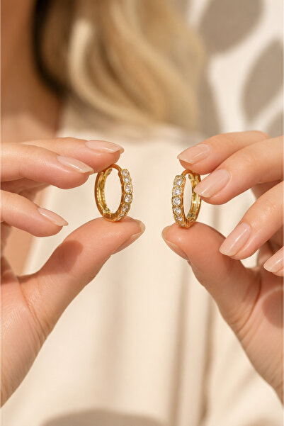Zundesilver Gold Renk 20 mm Halka Zirkon Taşlı Halka Küpe
