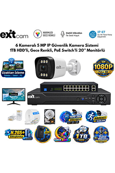 ExitCam 6 Kameralı 5 MP IP PoE Güvenlik Kamera Sistemi – 20 İnç Monitör, 1 TB HDD, 100 Metre Kablo, Sesli ve Gece Renkli