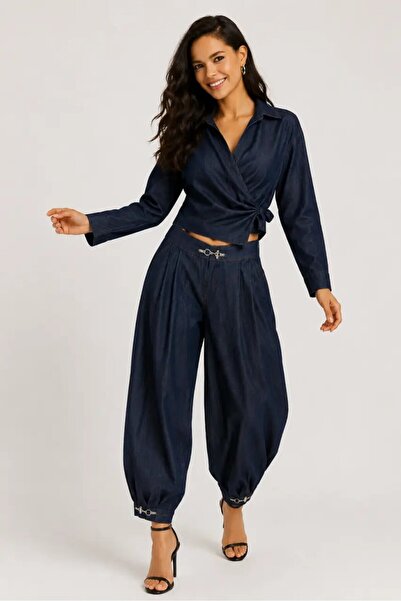 Cool & Sexy Kadın Lacivert Denim Görünümlü Kruvaze Bluz ve Şalvar Pantolon 2’li Takım
