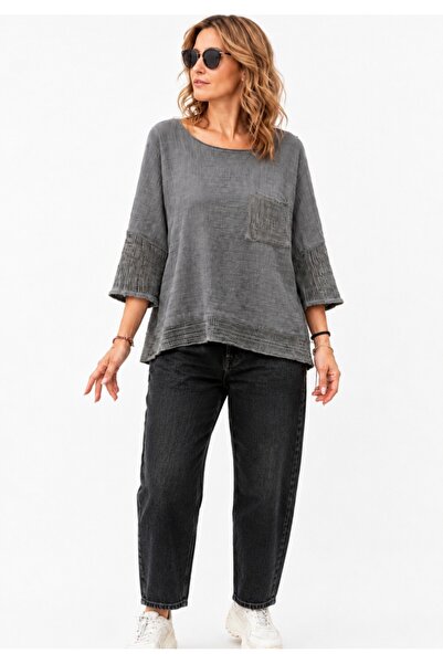 MARWARİ OTANTİK BUTİK Keten File Detaylı Oversize Bluz 40-48