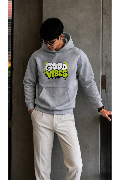 caddekombin سويت شيرت رجالي من Good Vibes مطبوع عليه جرافيتي بقلنسوة وجيب كان...