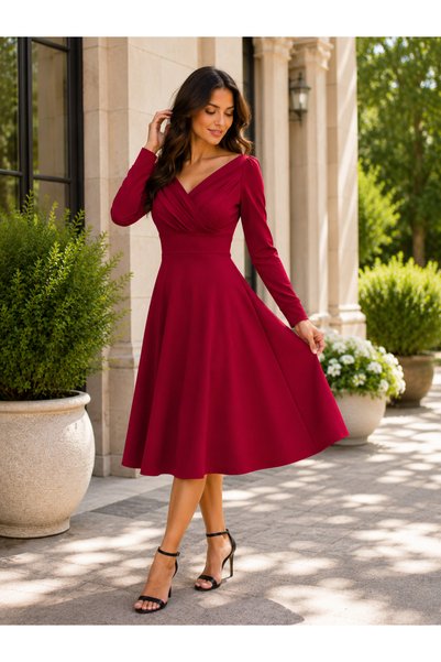 Kokosh moda Eleganță atemporală Rochie midi din crep, cu mâneci lungi, cu guler dublu și pliuri, pentru femei