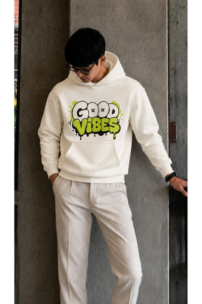 caddekombin سويت شيرت رجالي من Good Vibes مطبوع عليه جرافيتي بقلنسوة وجيب كان...