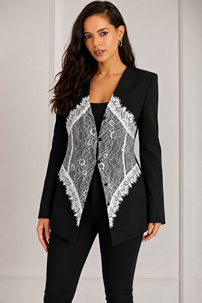CARLA MARA Women's Black Lace Detailed Design Blazer Jacket