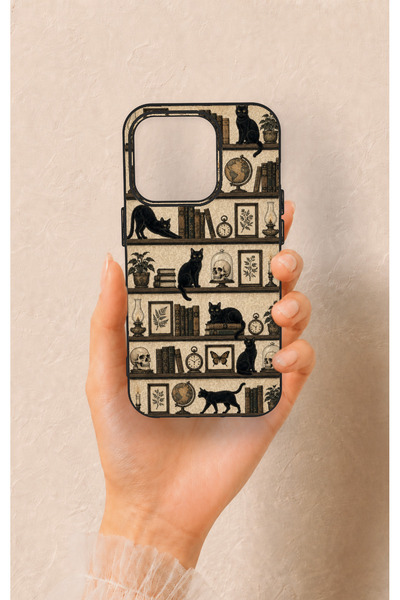 Vip Case iPhone 15 Pro Uyumlu Vintage Siyah Kedi Desenli Silikon Kılıf