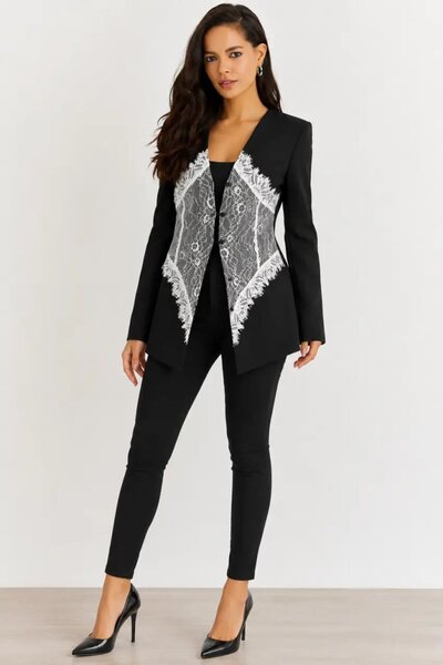 Cool & Sexy Kadın Siyah Dantel Detaylı Tasarım Blazer Ceket