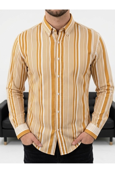 urban wear URBAN ERKEK SARI Çizgili Düğmeli Gömlek -G07
