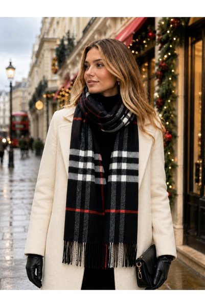 Aquasis London |   Women's Black Gray Red Winter Shawl Scarf 50X190 cm |   Oversize Plaid Patterned Thick Soft Tassel Shoulder Shawl