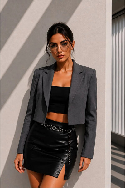 Moda Algan Crop Blazer Ceket Antrasit MA10009