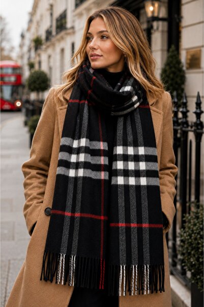 Aquasis London | Kadın Kışlık Siyah Gri Kırmızı Şal Atkı 50x190 cm | Oversize...