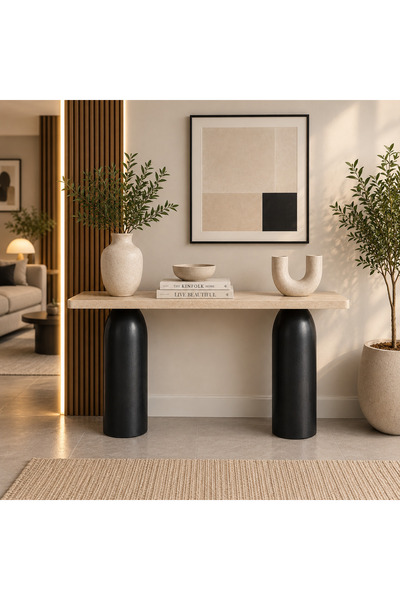 Lamsat Abda Wooden Console Table with Beige Surface and Black Base