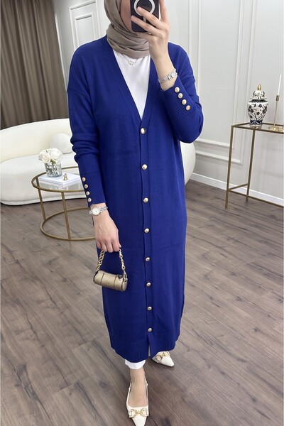 secret of VALORIA Women's Button Detailed Long Mercerized Cardigan V-Neck Sle...