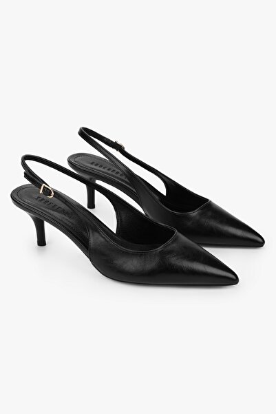 Shoeberry Дамски черни кожени мини обувки на ток тип стилето Kaven