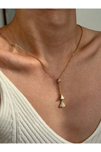 SWANOVAJEWELRY 316L Çelik Kararmaz Sedefli ve Taşlı İkili Yelpaze Kolye - Kad...