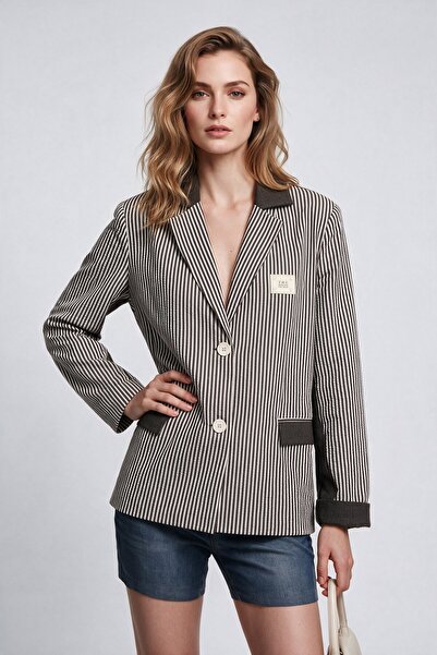 Ysatis Kadın Çizgili Çentikli Yaka İki Düğmeli Blazer Ceket 26261000111