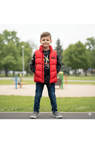 onymino Boy's Red Inflatable Vest with Stand Collar and Zipper Pockets