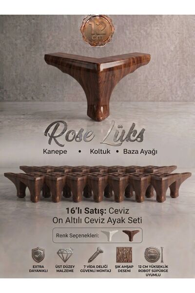 Lüks Rose 12 cm Ceviz Ahşap Desenli Mobilya, Koltuk ve Baza Ayağı - 16'lı Meg...