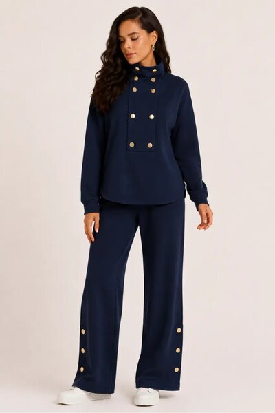 Cool & Sexy Women's Modal Fabric Double Set with Gold Snap Detail – Navy Blue