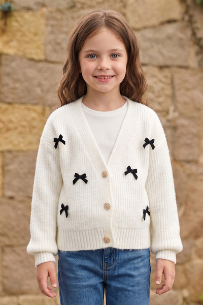 Fulla Moda Bearded Bowknot Buttoned Girls' Knitwear Cardigan