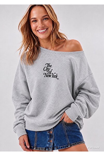 FUFLUNS The City of New York Printed Oversized Women's Boat Neck Sweatshirt