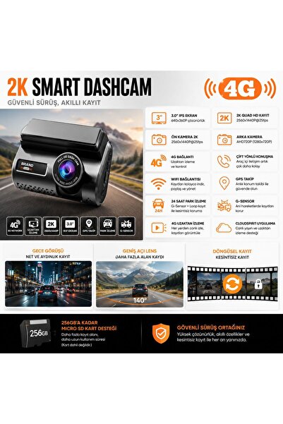 CASTU 2K Smart DashCam 4G SIM Kartlı Akıllı Araç Kamerası GPS WiFi Uzaktan Ca...